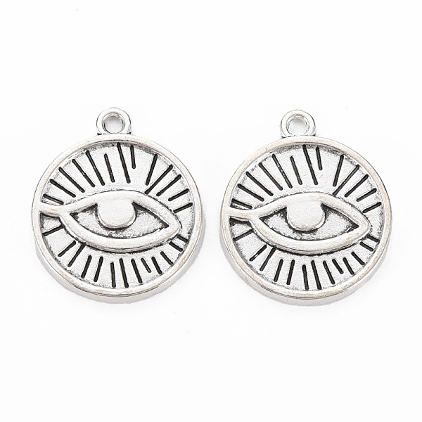 

PandaHall Tibetan Style Alloy Pendants, Cadmium Free & Lead Free, Flat Round with Eye, Antique Silver, 22x19x2mm, Hole: 2mm Alloy Flat Round