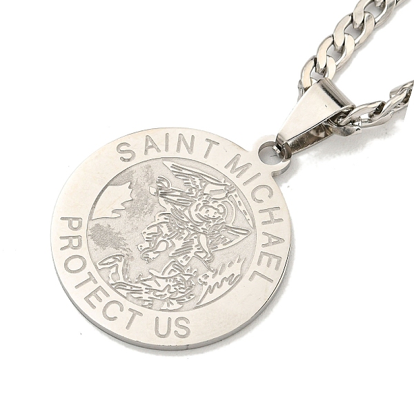 

PandaHall Flat Round with Saint Miller Archangel Pendant Necklaces, 304 Stainless Steel Curb Chain Necklaces, Stainless Steel Color, 23.50...