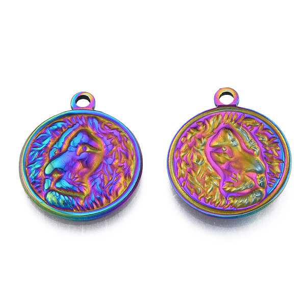 

PandaHall Ion Plating(IP) 201 Stainless Steel Pendants, Flat Round with Human, Rainbow Color, 24x20.5x2.5mm, Hole: 2mm 201 Stainless Steel...