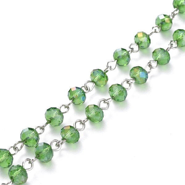 

PandaHall Handmade Electroplate Glass Beaded Chains, with Platinum Plated Iron Eye Pin, Unwelded, Lime Green, 39.37 inch(100cm), Beads...
