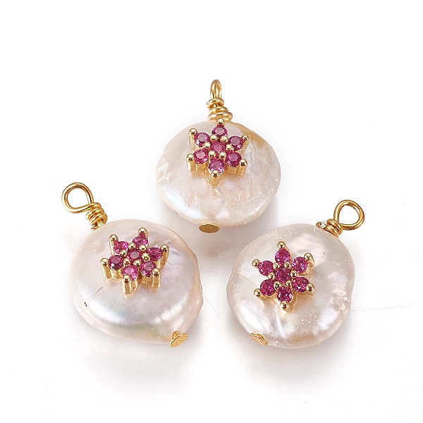 

PandaHall Natural Cultured Freshwater Pearl Pendants, with Cubic Zirconia and Brass Findings, Flat Round with Flower, Golden, Fuchsia..., Pink