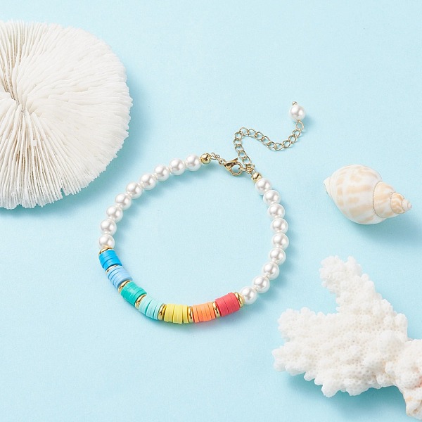 

PandaHall Round Shell Pearl & Polymer Clay Heishi Beaded Bracelet for Women, Colorful, 7-5/8 inch(19.5cm) Shell Pearl