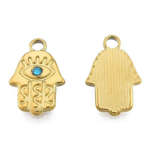 PandaHall 304 Stainless Steel Pendants, with Aquamarine Rhinestone, Hamsa Hand/Hand of Miriam, Real 18K Gold Plated, 17.5x11x2mm, Hole: 2mm...