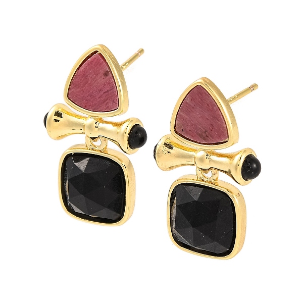 Ion Plating(IP) Natural Dyed & Heated Black Agate and Natural Rhodonite Stud Earring Findings