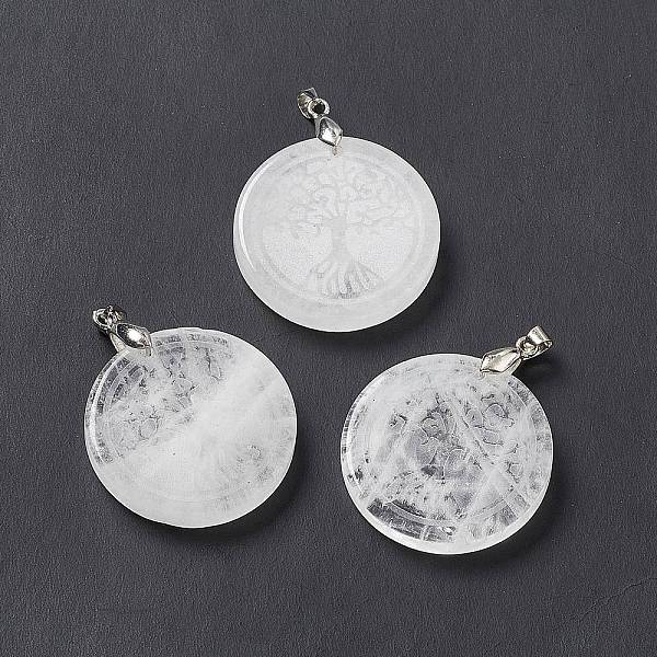 

PandaHall Natural Quartz Crystal Pendants, Rock Crystal Pendants, Flat Round Charms with Tree of Life Pattern, with Rack Plating Platinum...