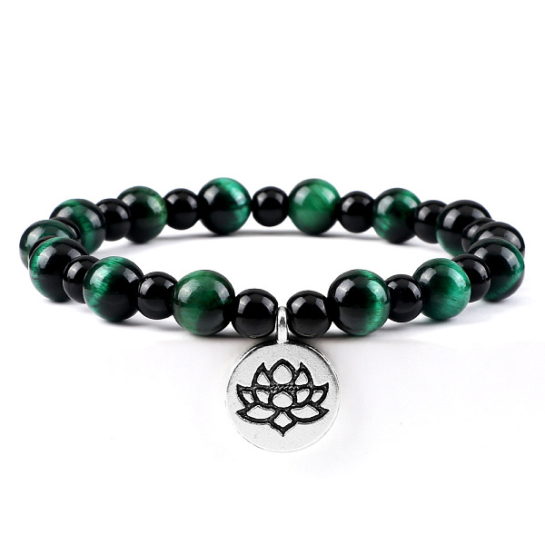 Yoga Natural Dyed Green Tiger Eye Round Beads Charm Bracelets