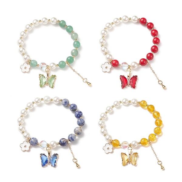 

PandaHall 4Pcs 4 Style Round Natural Mixed Gemstone & Shell Pearl Beaded Stretch Bracelets Set, Glass Butterfly & Brass Flower Charms...