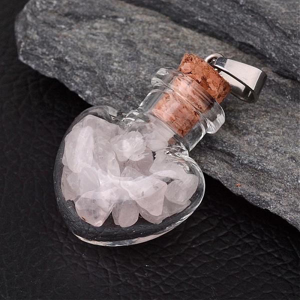 

PandaHall Heart Glass Bottle with Rose Quartz inside Pendants, with 304 Stainless Steel Findings, 31x22x11mm, Hole: 7x4mm Rose Quartz Heart