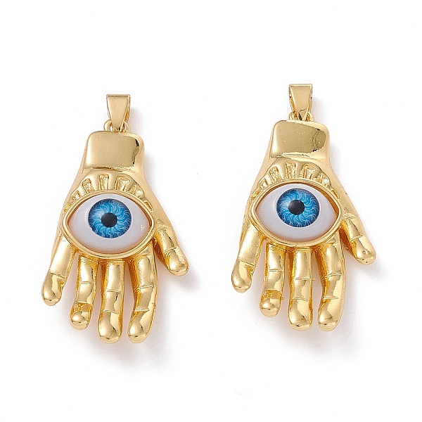 

PandaHall 5Pcs Brass Pendants, with Resin Cabochons, Long-Lasting Plated, Hand with Evil Eye, Real 18K Gold Plated, Dodger Blue, 43x23x10mm...