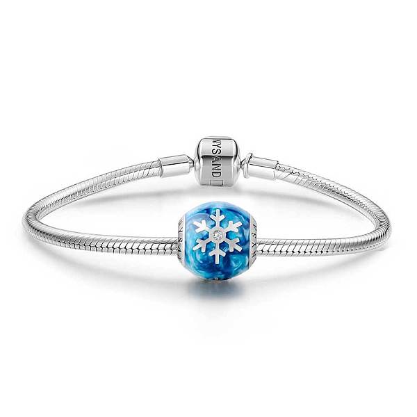 TINYSAND Barrel 925 Sterling Silver Sea Blue Snowflake Charm European Beads