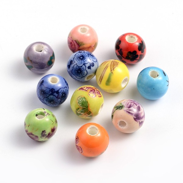 

PandaHall Printed Handmade Porcelain Beads, Round, Mixed Color, 10mm, Hole: 2mm Porcelain Round Multicolor