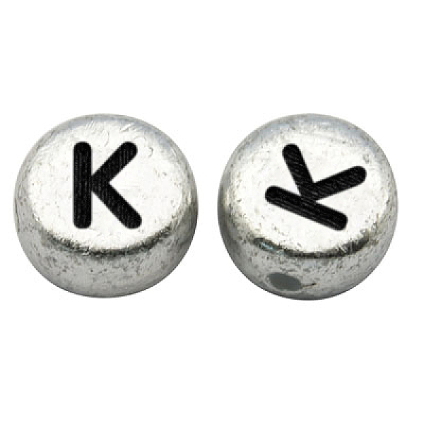 PandaHall Silver Color Plated Acrylic Horizontal Hole Letter Beads, Flat Round, Letter. K, 7x3.5mm, Hole: 1mm, about 3600pcs/500g Acrylic...
