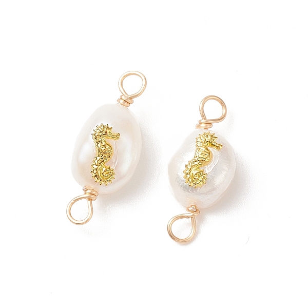 

PandaHall Grade AA Natural Cultured Freshwater Pearl Connector Charms with Golden Tone Alloy Slices, Two Sides Polished, with Copper Wire..., White