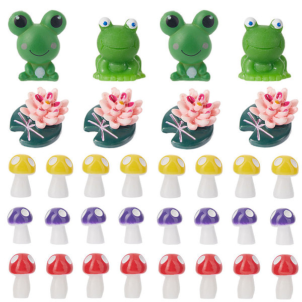PandaHall Gorgecraft 66Pcs 6 styles Resin Frog & Lotus & Mushroom Ornaments, for Home Decoration, Mixed Color, 12~25x8~22x8~20mm, Hole: 3mm...